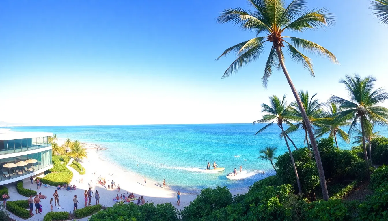 modern hotel on Zethazinco Island with beach and lush greenery.