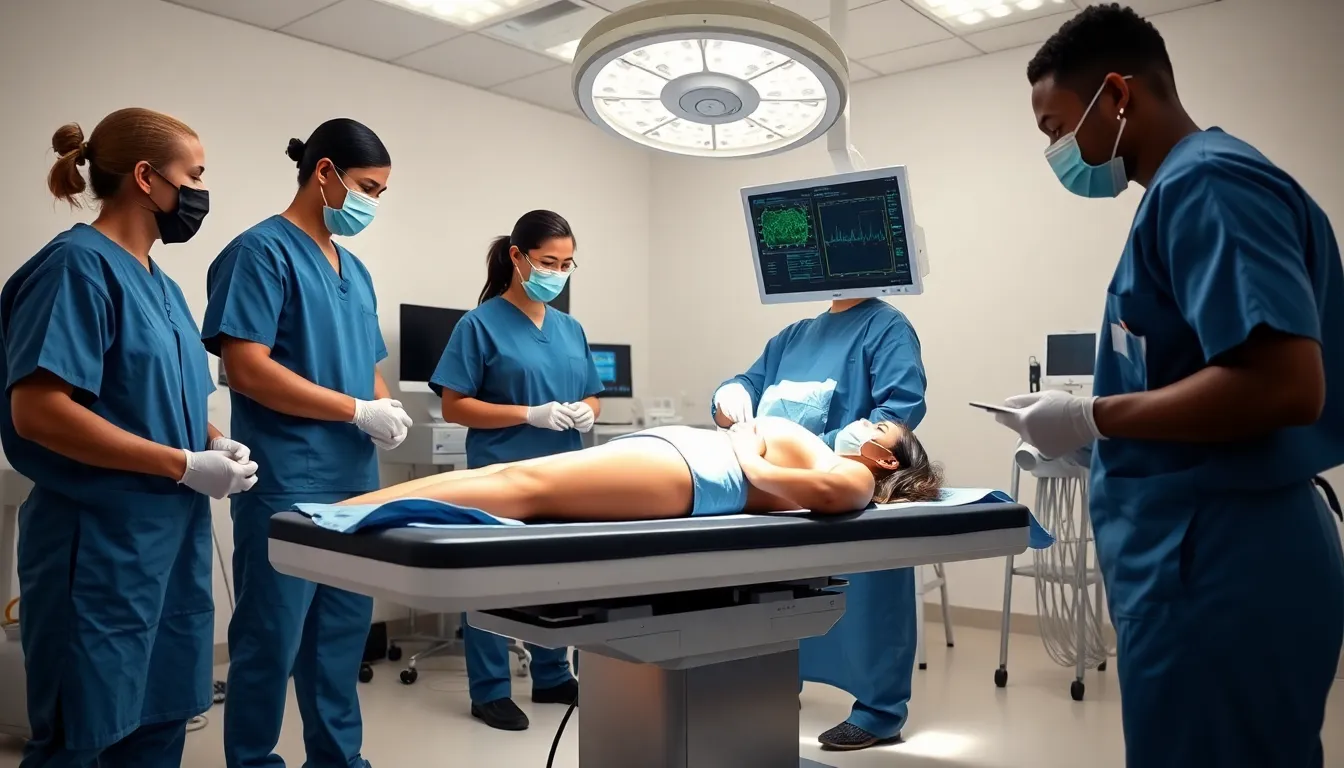 surgeons performing abdominoplasty in a modern surgical room.